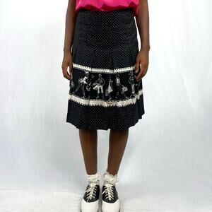 Black and White Polka Dot Parisian Novelty Print Pleated Midi Skirt Sz 6